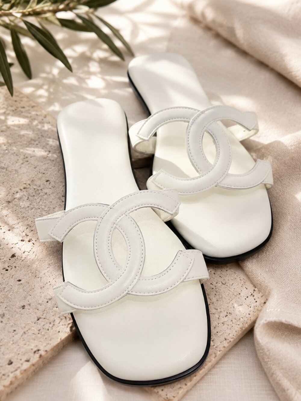 White Flat Slide Sandals Double Cutout Strap Open Toe Size 38